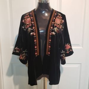 THML Black Velvet Stretch Floral Embroidered Open Front Jacket NWT Size XS